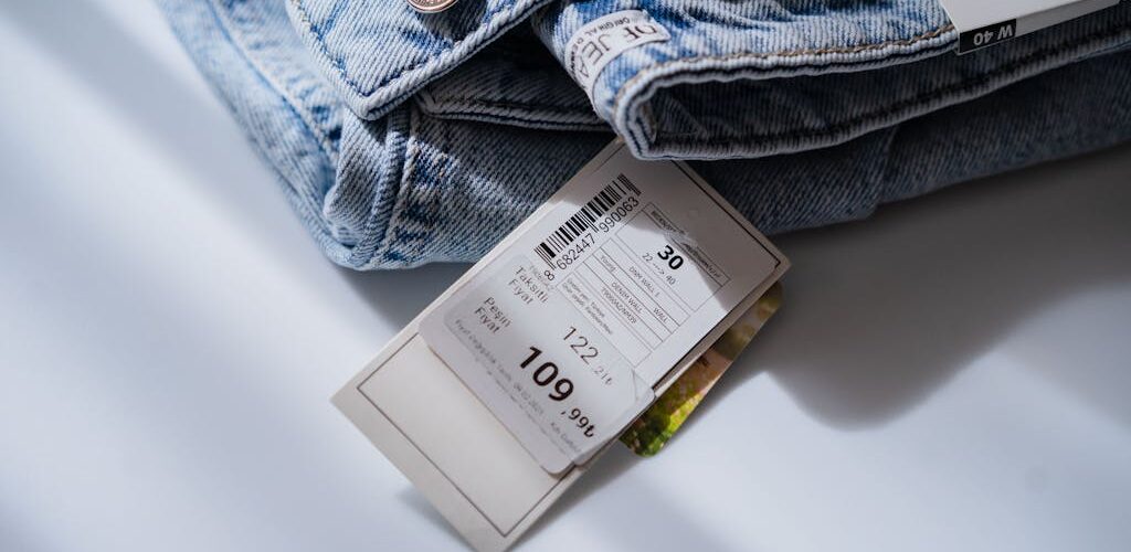 Jeans with price ticket on white table