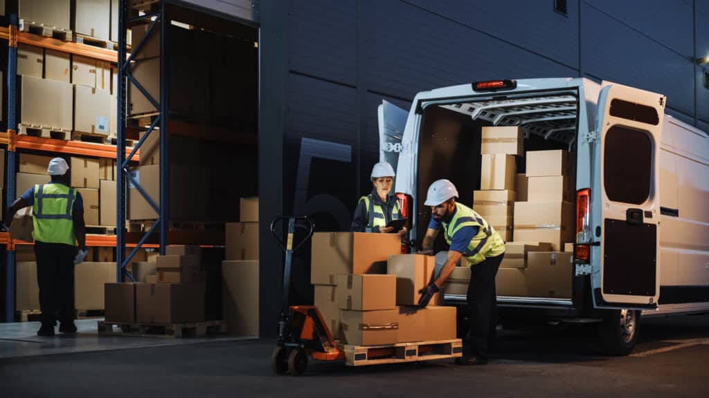courier team unloading a van with parcels